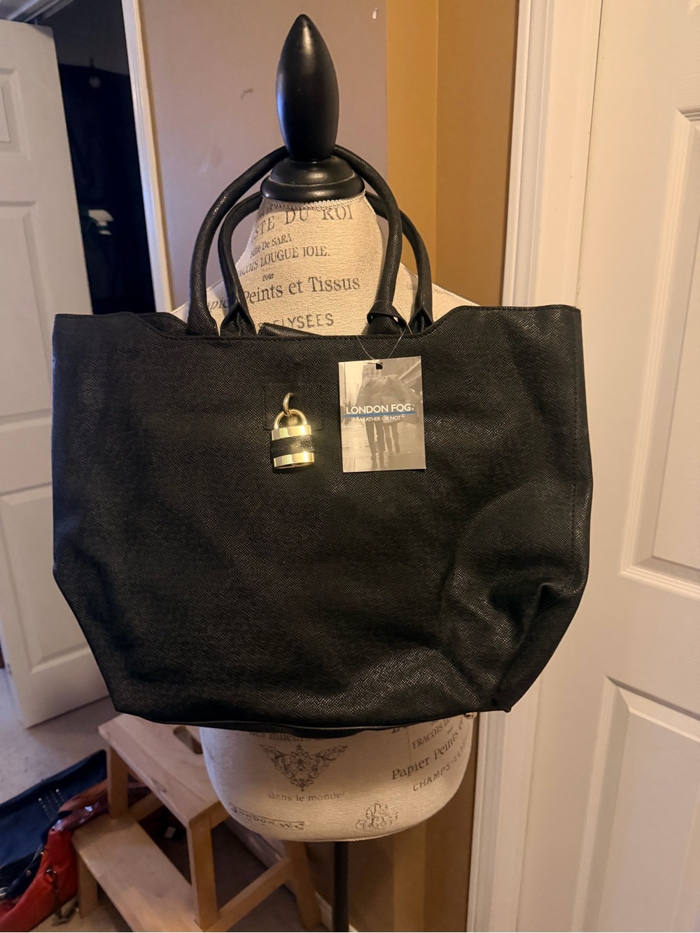 London Fog Black Tote with Gold Padlock Accent
